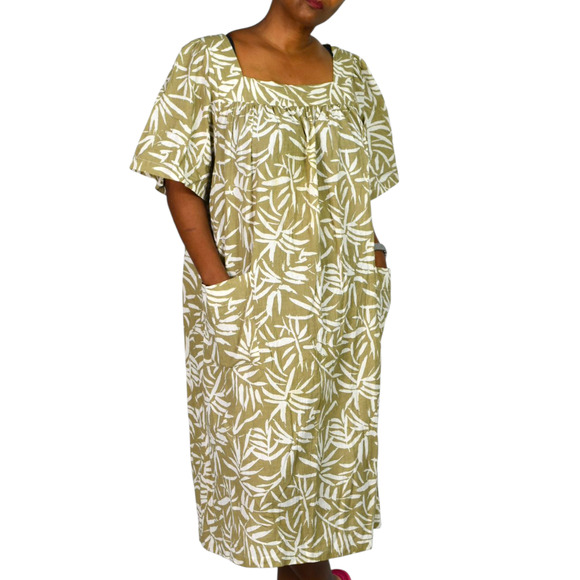 Vintage Patio Dress Tan Vermont Country Store Palm Leaf Muumuu Housedress Large - Picture 14 of 14